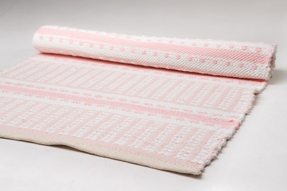 Pink and White Scandinavian Rug: Handwoven Cotton Nursery Rug (3x6 ft)