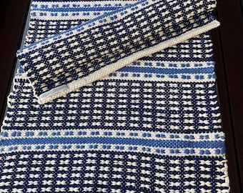 Handmade Cotton Runner Rug: Dark Blue, Vanilla, and Light Blue Striped