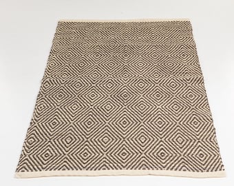 White and cacao brown /Area geometric Scandinavian wool carpet 4x6 ft /  Woven wool carpet /  Area rug 4x6ft