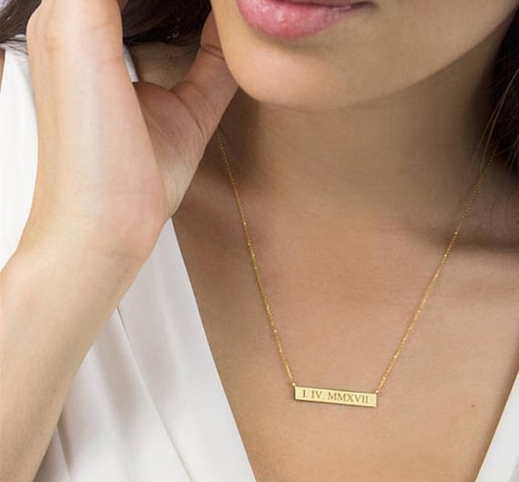 Roman Numeral Necklace, Gold Bar Necklace, Silver Gold Filled Bar