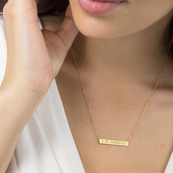 Roman Numeral Necklace, Gold Bar Necklace, Silver Gold filled Bar necklace, Custom Wedding Date Bar Necklace, Personalized Name Bar