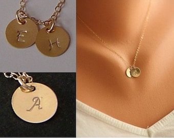Gold Disc Necklace, Initial Monogram Necklace, Tiny Initial charm Necklace, Simple daily Jewelry, Birthday, Bridesmaid, Mother's jewelry