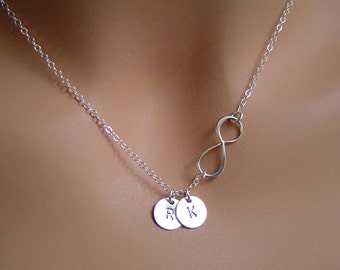 Personalized Infinity necklace, Initial Infinity Necklace, Silver Infinity necklace with initial discs, Mothers necklace