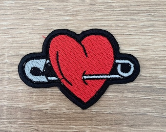 Heart Safety Pin Embroidered Iron On Patch