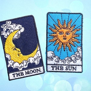 2 uds. Parches de tarjeta de sol y luna para planchar, parches de tarjeta para planchar, parche bordado de hierro, parches para chaqueta, parche trasero con logotipo,