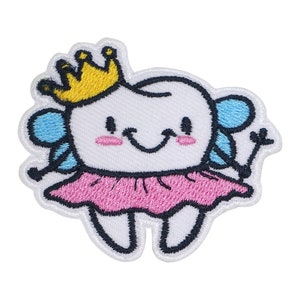 May include: A white tooth wearing a pink tutu, blue wings, and a gold crown. The tooth has a smiling face with pink cheeks.