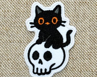 Cute black cat On skull Iron on patch, Patches, Cute cat patches iron on ,Embroidered Patch Iron, Patches For Jacket ,Logo Back Patch,