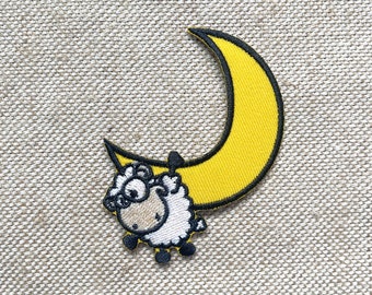 Parche termoadhesivo de oveja en la luna, parches de oveja, parches de luna termoadhesivos, parche bordado para planchar, parches para chaqueta, parche con logotipo en la espalda.