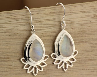 Lotus Earrings. Real Moonstone Earrings. Sterling Silver Gemstone Drop Earrings. Dangling Lotus Flower Jewelry. Dangle Rainbow Moon Stone.