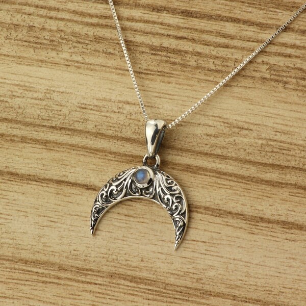 Crescent Moon Necklace. Moonstone Necklace. Labradorite Necklace. Crescent Horn Necklace. Double Horn Necklace. Boho Silver Moon Pendant.