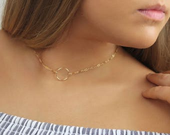 Dainty Choker Necklace. Simple Gold or Silver Choker. Delicate Circle Necklace. 14K Gold Fill • Sterling Silver Jewelry. Open Circle Choker.