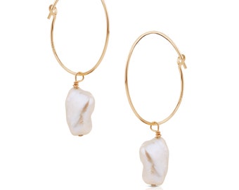 Pearl Earrings. Pearl Hoop Drop Earrings. Gold Filled OR Sterling Silver. Earrings with Pearl. Thin Hoop Earrings. Freshwater Pearl Hoops.