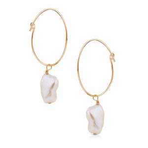 Pearl Earrings. Pearl Hoop Drop Earrings. Gold Filled OR Sterling Silver. Earrings with Pearl. Thin Hoop Earrings. Freshwater Pearl Hoops.