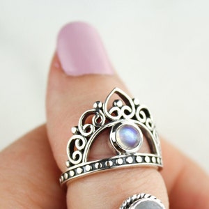 925 Sterling Boho Silver Rings. birthstone rings for girls. Oval Rainbow Moonstone Ring. Cute Bohemian jewelry. Princess Crown Rings for Her