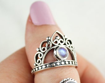 Crown Ring. Boho Rings. Rainbow Moonstone Ring. Bohemian Ring. Rings for Women. Sterling Silver Gemstone Ring. Trendy Jewelry Boho Jewellery