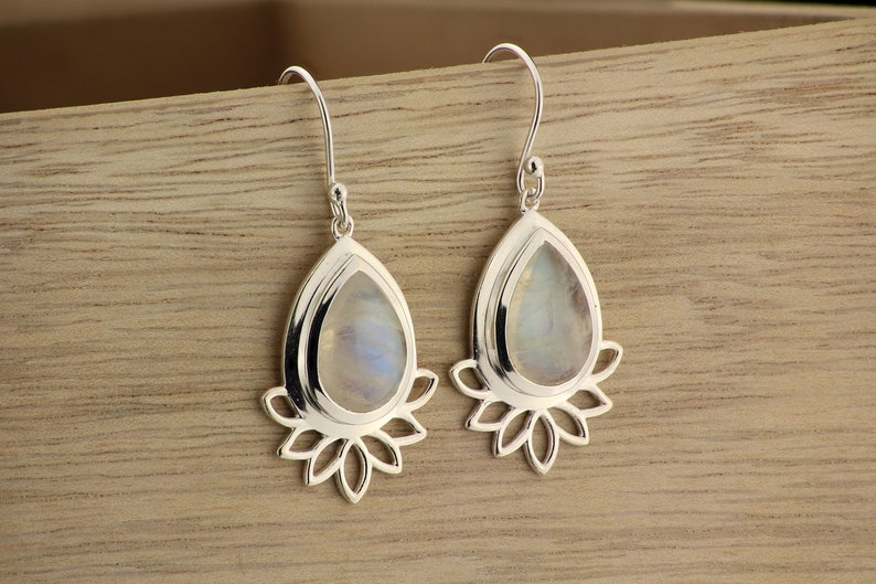 Moonstone Lotus Earrings Rainbow Moonstone Earrings Hippie Boho Earrings. Boho Chic Earrings Dangle Gemstone Earrings Lotus Jewellery