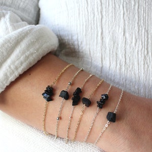 Black Tourmaline Bracelet. Crystal Chip Healing Jewelry. Gold Raw Stone Dainty Women Tourmaline Bracelet. Sterling Silver Protection Crystal
