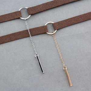 Thick Ring Choker Necklace. Dainty Circle Suede Choker. Tan Faux Leather Choker. Beige Bar Necklace. Gold Boho Choker Silver Bohemian Choker