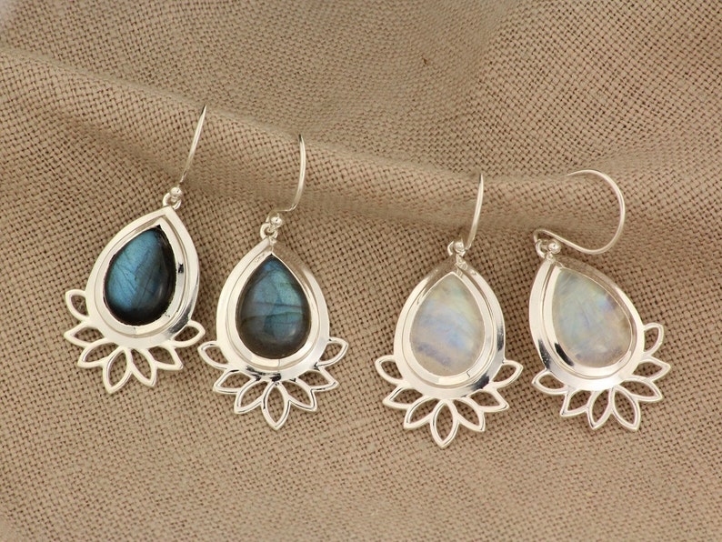 Moonstone Lotus Earrings Rainbow Moonstone Earrings Hippie Boho Earrings. Boho Chic Earrings Dangle Gemstone Earrings Lotus Jewellery