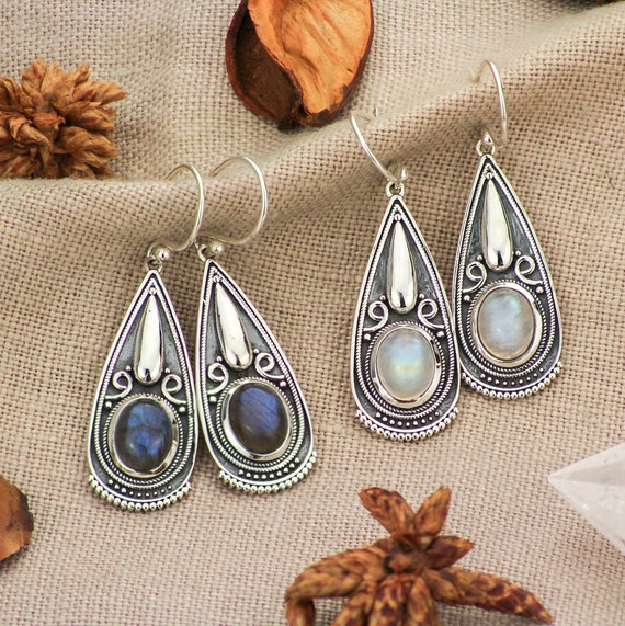 Labradorite and Rainbow Moonstone Earrings Sterling Silver Three Stones Labradorite and Rainbow Moonstone Earrings Sterling Silver Three Stones