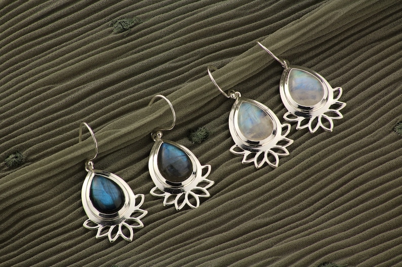 Moonstone Lotus Earrings Rainbow Moonstone Earrings Hippie Boho Earrings. Boho Chic Earrings Dangle Gemstone Earrings Lotus Jewellery