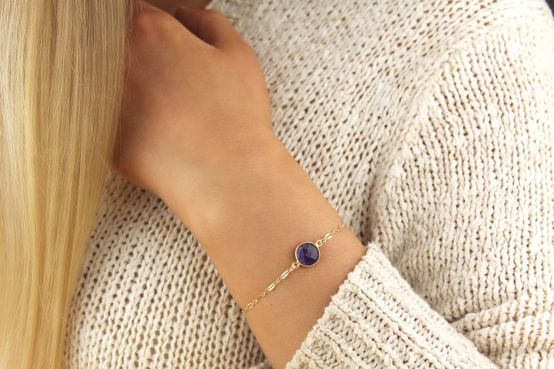 Dainty Amethyst Bracelet. Minimalist Bracelet. Dainty Stone Bracelet. Boho 14k Gold Filled Bracelet. Delicate Jewelry. February Birthstone. image 1