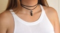 Crystal Choker Necklace, Black Leather, Healing Stone Pendant