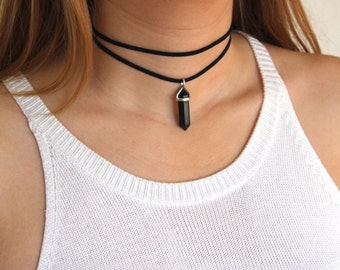 Crystal Choker Necklace. Black Choker. Healing Crystal and Stone Necklace. Black Leather Choker. Crystal Wrap Choker. Dainty Choker. Boho.