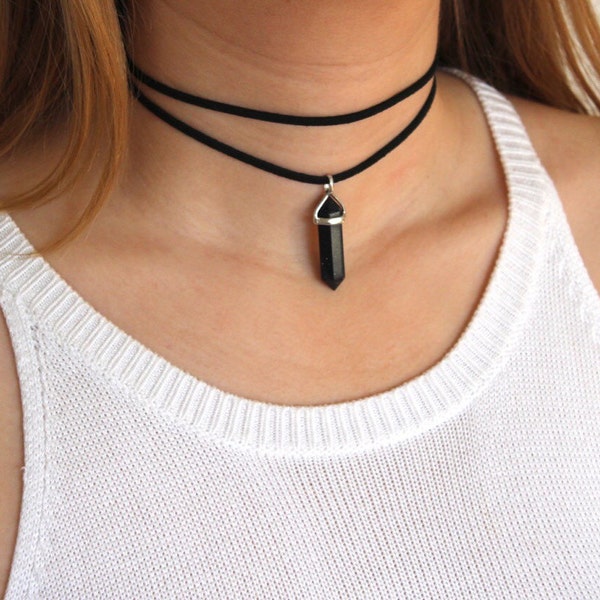 Crystal Choker Necklace. Black Choker. Healing Crystal and Stone Necklace. Black Leather Choker. Crystal Wrap Choker. Dainty Choker. Boho.