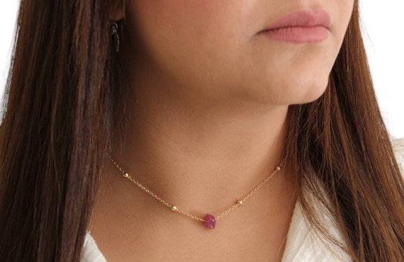 Dainty Raw Pink Tourmaline Crystal Necklace. October Birthstone. beaded boho necklace. Raw Meditation Stone Jewelry. Tourmaline Pendant.