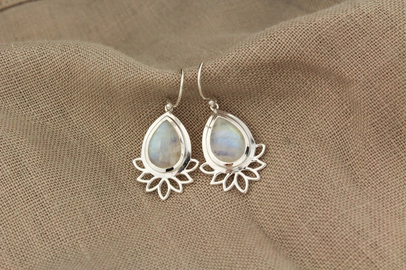 Moonstone Lotus Earrings Rainbow Moonstone Earrings Hippie Boho Earrings. Boho Chic Earrings Dangle Gemstone Earrings Lotus Jewellery
