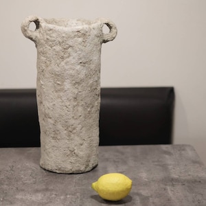 Big offwhite light gray Papier-mache vases japandi wabi-sabi loft robust interior stone ceramic look with handles recycled eco product