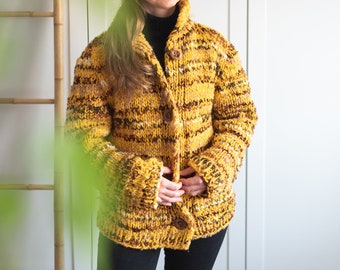 chunky knitted jacket cardigan yellow brown tiger print