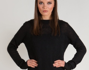 READY TO SHIP - S - Black Mohair Knit Sweater Dress – Long Sleeve Mini Tunic