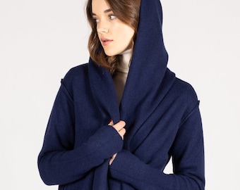 Long cashmere cardigan, Cashmere wool cardigan, Sweater with hood, Dark blue cashmere cardigan, cashmere cardigan women, slouchy wool jacket