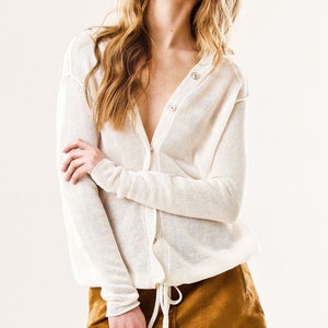 Lightweight Linen Cardigan Women, Sheer Button Down Knit Sweater, Breathable Summer Layer, Open Knit Linen Top Ivory Black, Hand-Loomed