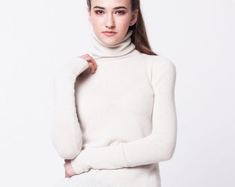 Cashmere jumper women, Turtleneck sweater, Cashmere sweater, Natural white knit top, Long roll neck sweater, Long sleeve winter clothing