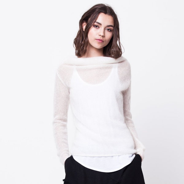 Pull en mohair, pull transparent, pull en mohair, pull à col bénitier, pull en mohair transparent, pulls tricotés pour femmes, pull en tricot,