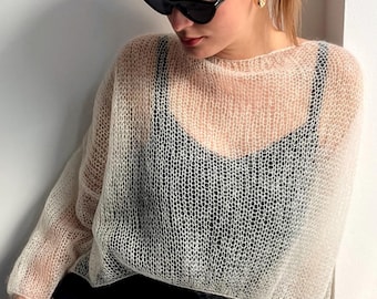 Sheer white mohair sweater – hand knit cropped pullover – open knit lightweight top ELIN