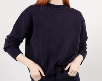Sweater navy blue, Pure 100% Cashmere, Crew Neck Pullover, Classic Long Sleeve Jumper