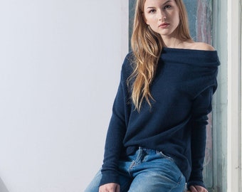 Off the Shoulder Cowl Neck Sweater - Dark Blue Navy Cashmere, Elegant Loose Knit Pullover, Cozy Winter Wear, Perfect Gift for Her