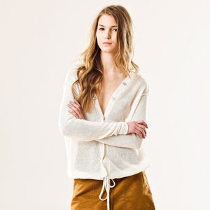 100% Linen Hooded Cardigan Sheer Knit Women's Sweater, Lightweight White Linen Jacket for Spring/Summer, Elegant Gift for Her image 1