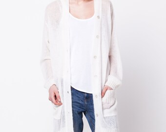 White Mohair Cardigan - M size - Knit Cardigan with Buttons, Sheer Handmade Knitwear