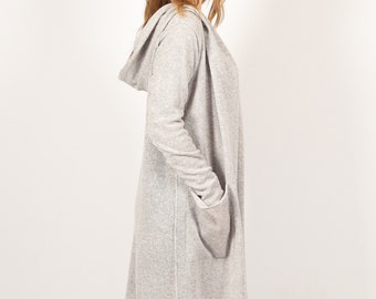 フード付きロングカーディガン、アッシュグレーのカシミアパーカー、着