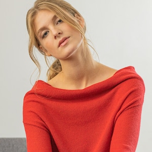 Red Off the Shoulder 100% Cashmere Sweater Cowl Neck Jumper, Drop Shoulder Pullover for Chic Winter Style, Perfect Gift for Her image 8