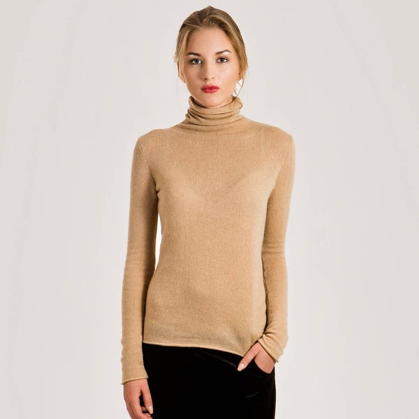 Pull à col roulé en cachemire - Pull 100 % cachemire, Pull à col haut beige, Pull à col roulé camel, Haut à manches longues en tricot de laine