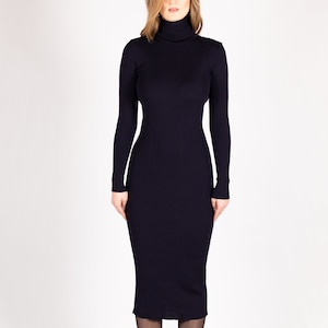 Merino Wool Turtleneck Midi Sweater Dress in Navy – Ribbed Knit, Bodycon Fit, Long Sleeves, Cozy Winter