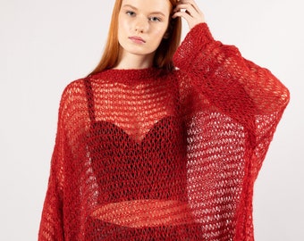 Red mohair open-loop tunic sweater IDA