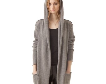 Langer Strick-Cashmere-Cardigan mit Kapuze - 100 % Cashmere-Kapuzenpullover, Damen-Open-Front-Wrap-Jumper, Dicker Wollstrickjacke