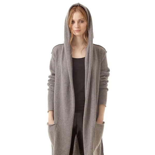 Langer Strick-Cashmere-Cardigan mit Kapuze - 100 % Cashmere-Kapuzenpullover, Damen-Open-Front-Wrap-Jumper, Dicker Wollstrickjacke